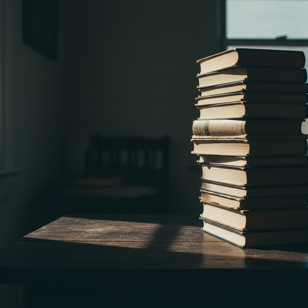 A wall of hardback books filed spine-out under hard side light.