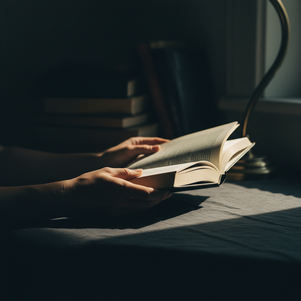 Hands lifting a hardcover book from a numbered library shelf.