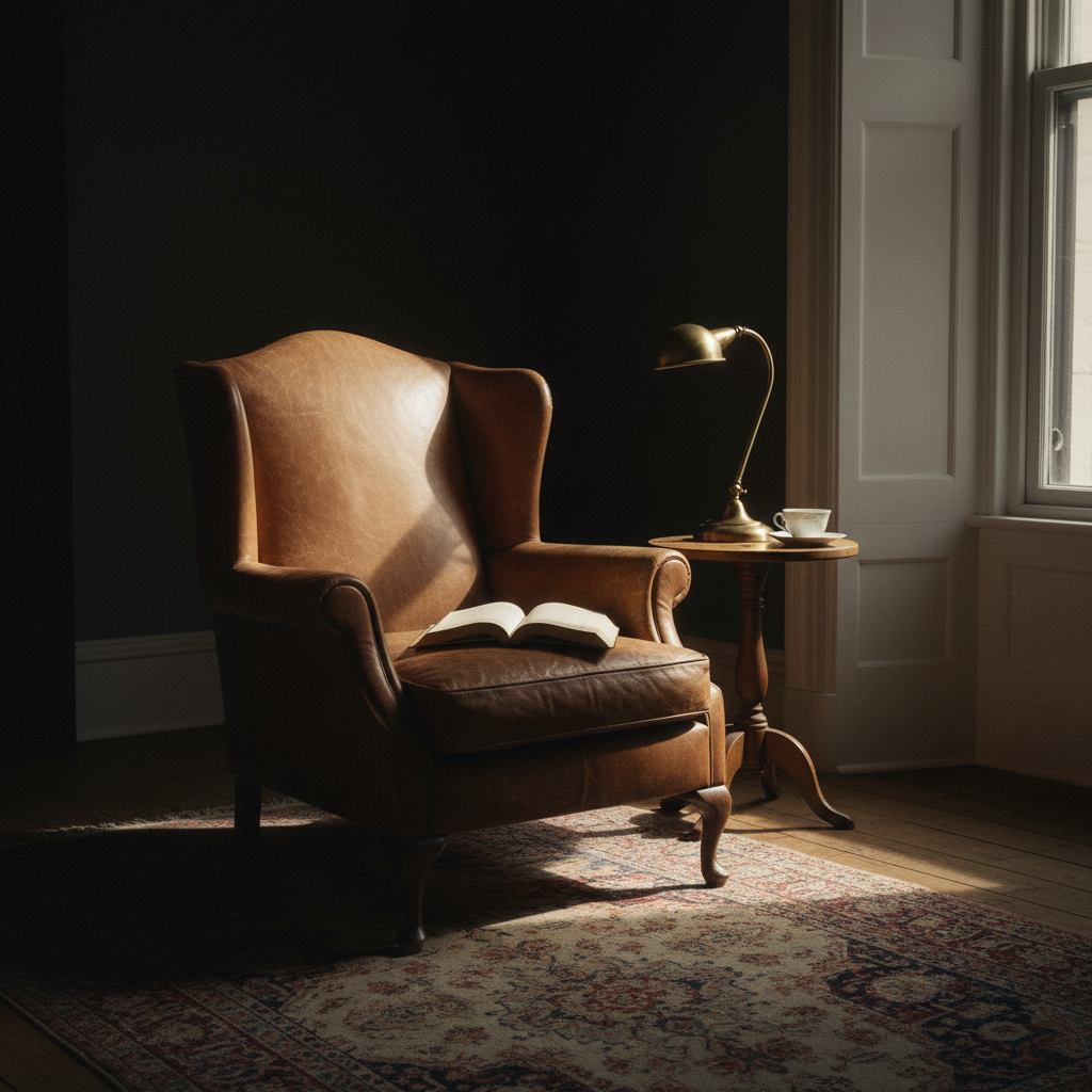 Inside a small bookshop, light raking across stacked hardcovers.