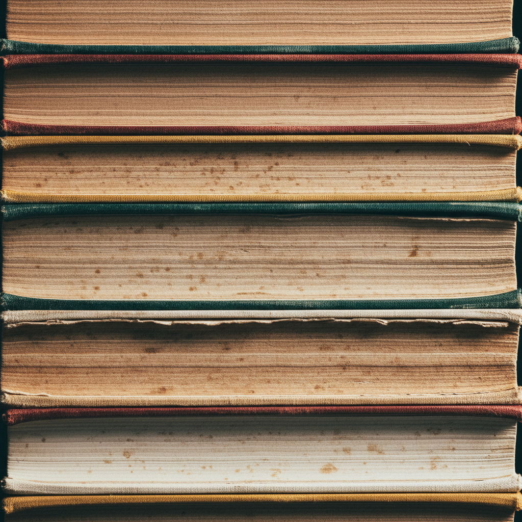 Inside a small bookshop, light raking across stacked hardcovers.